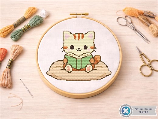 Cozy Cat Reading Cross Stitch Pattern, Cute Animal Embroidery, PDF Pattern, Kawaii Style Needlepoint Chart, Beginner Friendly - Etsy