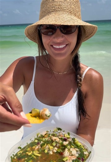 Ceviche taste better with sandy toes! 🦐 🏖️ Ingredients * 3 lbs raw shrimp, peeled, deveined, and diced into bite-sized pieces * Fresh lime juice (enough to completely cover the shrimp) * Salt and black pepper, to taste * 1 bunch fresh cilantro, chopped * White/light green parts of 1 bunch green onions, sliced * About ¼ cup red onion, finely diced * 3 tomatoes, seeded and diced * 1 English cucumber, seeded and diced * 2 avocados, diced * Valentina Hot Sauce, to taste * Jugo Seasoning Sauce, to 