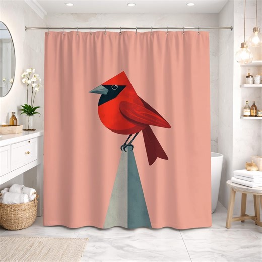 Red Cardinal Bird Shower Curtain Minimalist Geometric Vector Art Peach Pink Kids Bathroom Decor