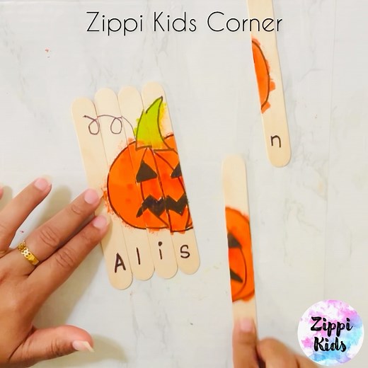 Pumpkin name puzzle 🎃... A super fun fall name recognition activity for preschoolers and kindergartners 🎃🎃🎃...it is super low prep all you need is popsicle sticks marker and paints.🍁🍂🎃 | Zippi Kids Corner