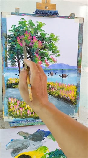 Pink Blossom Tree Beside the River 🌸 | Easy Acrylic Painting Tutorial #shorts