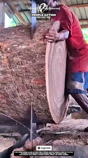 Sawmill People Cutting Large Log Cross Section Using Vertical Saw Action