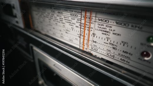 Close up detail of a vintage stereo radio tuning dial featuring bright orange indicator needles. The brushed metallic front panel displays frequency bands, numbers, and European station names.