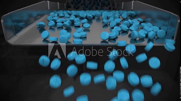 Medical pill manufacturing, pharma industry, blue pills falling from a sorting tray in slow motion