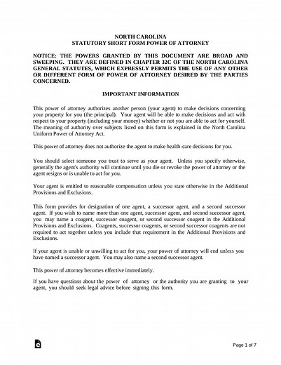 North Carolina Power of Attorney Form