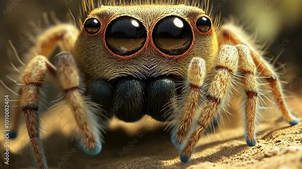 A close-up of a hairy jumping spider with large, black eyes