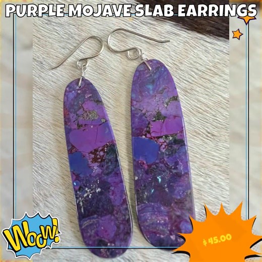 Ready to elevate your style? 💜✨ Meet our stunning Purple Mojave Slab Earrings! Priced at just $45.00, these beauties combine elegance with a touch of boho charm. Their vibrant purple hues and unique slab design not only catch the eye but also bring warmth and joy to every outfit, making them perfect for any occasion, day or night! 💖 Add that extra flair to your look and feel the confidence surge! Don’t miss out—snag yours today and embrace your inner sparkle! 🌟🛍️ #JewelryLovers #PurpleEarrin