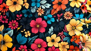 Colorful floral pattern is displayed on a black background. The flowers are arranged in a way that creates a sense of movement and depth. The colors are bright and vibrant