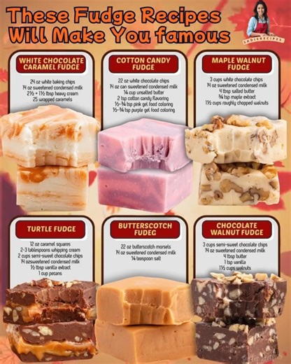 🌟 These Fudge Recipes Will Make You Famous! 🍬 If you want to be the star of every holiday party or family gathering, these fudge recipes are your golden ticket! Creamy, rich, and bursting with flavor — each one is a sweet masterpiece. From nostalgic Cotton Candy Fudge to indulgent Turtle Fudge, these are the treats everyone will beg you to make again and again! 🎁 🤍 1. White Chocolate Cereal Fudge Ingredients: 3 cups white chocolate chips 1 can sweetened condensed milk (14 oz) 1 tsp vanilla e