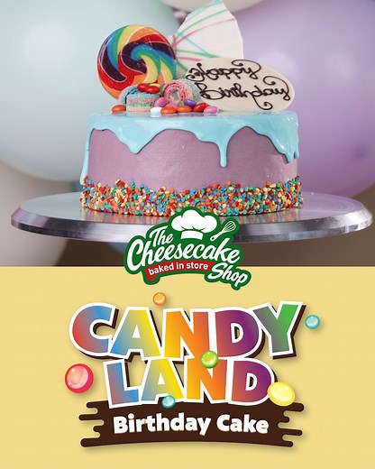 The Candyland Birthday Cake...Perfect for kids or kids-at-heart! It’s sure to satisfy any sweet tooth. Order one now 🍭🍬🌈 Available for one-hour click and collect. Link: https://www.cheesecake.com.au/our-cakes/party-cakes/candyland-birthday-cake #cheesecakeshop #bakedinstore | The Cheesecake Shop