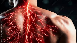 Sharp agony: imaging of nerve piercing back pain, visualizing excruciating impact of nerve compression or irritation, emphasizing radiating discomfort that severely limits physical capabilities.