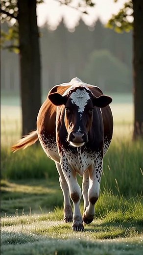 Beautiful Spotted Cow Strolls Through a Misty Morning Field