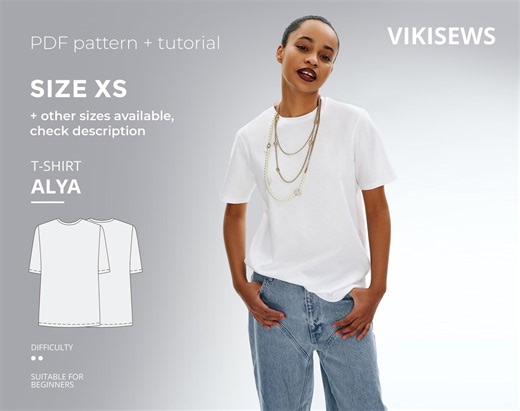 Basic T-shirt PDF Sewing Pattern Alya\size XS, Easy Beginner Top Sewing Tutorial - Etsy