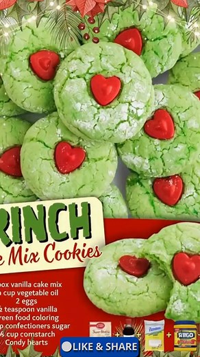 Grinch Cake Mix Cookies! 💚🎄 Soft, chewy, and perfectly green, these cookies are a festive treat that’s easy to make with a box of cake mix. They’re perfect for cookie exchanges, holiday parties, or a fun baking activity with family. Watch the Grinch’s mischievous spirit come alive in every bite! 🎅🍪✨ Grinch Cake Mix Cookies Ingredients 1 box vanilla cake mix 1 stick (½ cup) unsalted butter, softened 1 tablespoon canola oil 2 eggs, room temperature 1 cup powdered sugar 1 cup cornstarch Green g