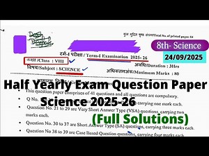Class 8 Science Half yearly exam Question paper 2025-26 Term 1 Paper 8th CBSE 2025-26
