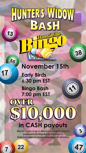 The Hunter's Widow Bingo Bash is one week away, and with over $10,000 in cash payouts, this is a bash you won't want to miss! 💰 Tag your friends — let’s make sure no one’s left alone while the hunters are away! 🦌 | Island Resort & Casino