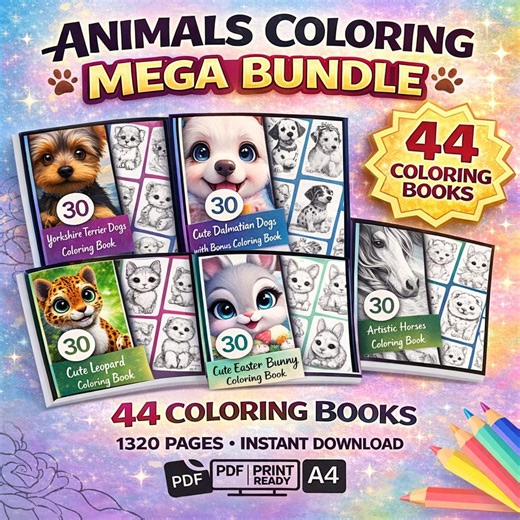 44 Adorable Animal Coloring Books Bundle | Cute Animals Mega Bundle | 1320 Pages Printable PDF - Etsy