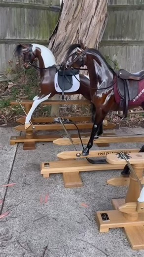 This beautiful trio of rocking horses made their way to three new owners in Gloucestershire last month. Each horse is unique and each owner has their own story of why they love horses and rocking horses. Two of these are replicas of real horses, complete with cut down versions of their own tack or a horseshoe on the stand as a nod to the real horses that inspired them. One of these horses was made for Wendy who had dreamed of having a rocking horse of her very own since riding one in her local G