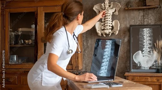 Medium shot of a chiropractor conducting a virtual consultation with a patient using a laptop for remote assessment and advice.