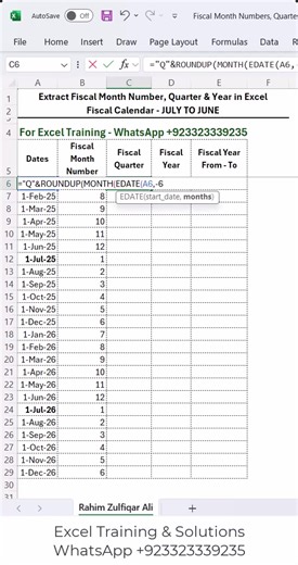 45K views · 215 reactions | How to Extract Fiscal Month Number, Quarter & Year in #Excel - JUL TO JUN Fiscal Month Number =MONTH(EDATE(A6,-6)) Fiscal Quarter ="Q"&ROUNDUP(MONTH(EDATE(A6,-6))/3,0) Fiscal Year =DATE(YEAR(A6)+IF(MONTH(A6)>=7,1,0),1,1) Fiscal Year From - To =IF(MONTH(A6)>=7,TEXT(YEAR(A6),"0000")& "-" & TEXT(YEAR(A6)+1,"0000"),TEXT(YEAR(A6)-1,"0000")& "-" & TEXT(YEAR(A6),"0000")) | Excel Basement | Facebook