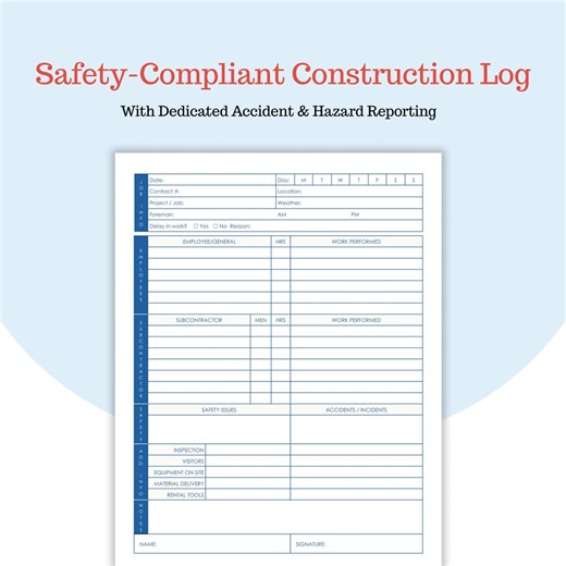 Construction Daily Log - Safety and Accident Report - Subcontractor Hours - Site Progress Sheet - Google Docs and PDF - Etsy