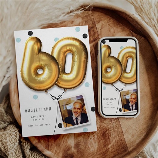 60th Birthday Invitation Template, Editable Digital Invite for Adults, Cheers to 60 Years Evite, Balloon Photo Party Instant Download, Canva - Etsy