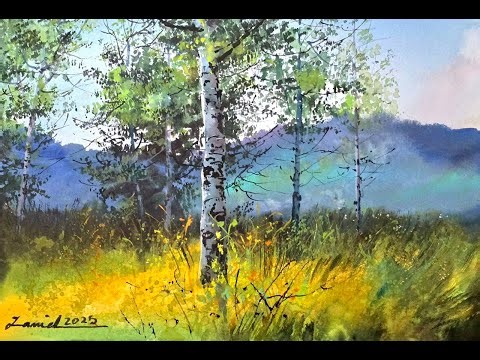 Birch Trees in Golden Light – Watercolor Landscape