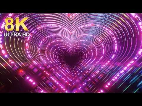 8k Neon Pink Heart Tunnel Abstract Background with Glowing LED Lights and Motion Blur (1 hour)