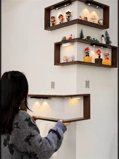 This corner shelf system transforms any empty wall into a stylish display