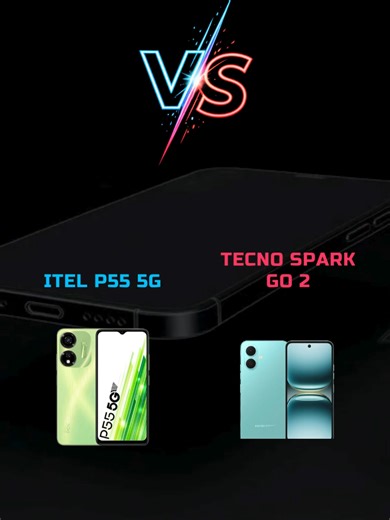 itel P55 5G versus Tecno Spark GO 2 Chipset\titel P55 5G unggul dengan Dimensity 6080 dibanding Tecno Spark GO 2 Unisoc T7250. Memory\titel P55 5G unggul dengan RAM 6 GB / 128 GB dibanding Spark GO 2 hanya 4 GB / 64 GB. Kamera\titel P55 5G unggul dengan kamera utama 50 MP dibanding Spark GO 2 hanya 13 MP, meski kamera depan sama?sama 8 MP. Layar\tSpark GO 2 unggul dengan IPS 90 Hz 500 nits dibanding itel P55 5G IPS 90 Hz 450 nits. Baterai\tKeduanya sama?sama 5000 mAh dengan 18W charging tanpa wi
