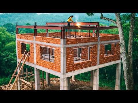 Building Strong Brick Walls and Welding Steel Roof Frame | Off-Grid Forest House.