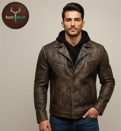 Men's Distressed Brown Genuine Leather Jacket With Classic Collar - Etsy