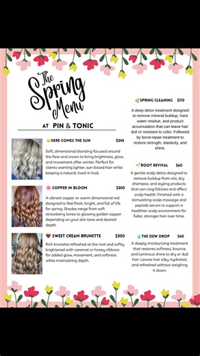 🌸 The Spring Hair Menu is officially here! ☀️ After a long winter, I wanted to create a few seasonal services that focus on lighter, brighter color and healthy, refreshed hair for spring. ✨ Here Comes the Sun – soft, dimensional blonding for that sun-kissed glow 🌺 Copper in Bloom – vibrant copper and dimensional reds that feel fresh and full of life 🤎 Sweet Cream Brunette – rich brunettes brightened with caramel or honey ribbons I also added a few treatments to help revive hair after winter: 