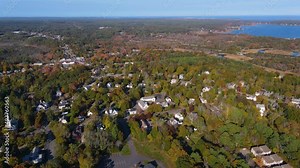 Duxbury landscape including Duxbury Bay, Marsh and town center aerial view with fall foliage in town of Duxbury, Massachusetts MA, USA.