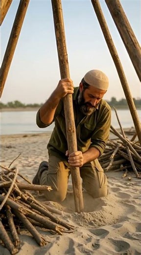 Silent Survival: Building a Hunting Camp on the Indus River Sand | ASMR Shelter Build #huntingcamp