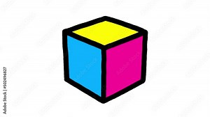 Cube cartoon 3d CMYK color with linear doodle black outline animation rotation isolated. 24 fps new version. Seamless loop alpha channel included. Motion design element.