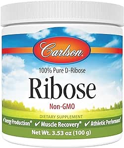 Carlson - Ribose, 100% Pure D-Ribose, Non-GMO, Energy Production, Muscle Recovery & Athletic Performance, 3.53 oz (100 g)