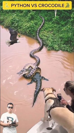 PYTHON VS CROCODILE: A dog barks when it sees a crocodile wrapped in a python