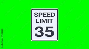 Appearance of a rectangular black and white 35 mph speed limit road sign from the USA on a green background, transparent background with alpha channel in flat design style