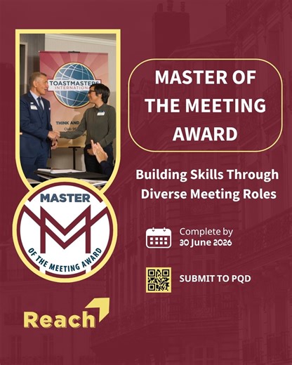 District 42 Toastmasters on Instagram: "🎤 Master of the Meeting Award 🎤 Are you the ultimate meeting maestro? 🏆 Take on every key role this Toastmasters year and prove your versatility! 💼 Complete each role at least once in 2025–2026: ✅ Toastmaster ✅ Grammarian / Word of the Day ✅ Table Topics Master ✅ General Evaluator ✅ Speaker ✅ Speech Evaluator 📩 Submit your report to PQD@d42tm.org by June 30, 2026 ✨ One entry per member! 🔗 Learn more: https://bit.ly/46WBUif"