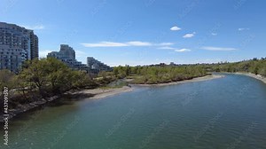 Bow River in Calgary Downtown. A popular destination for running, biking, fishing, and boating in Calgary, Alberta, Canada