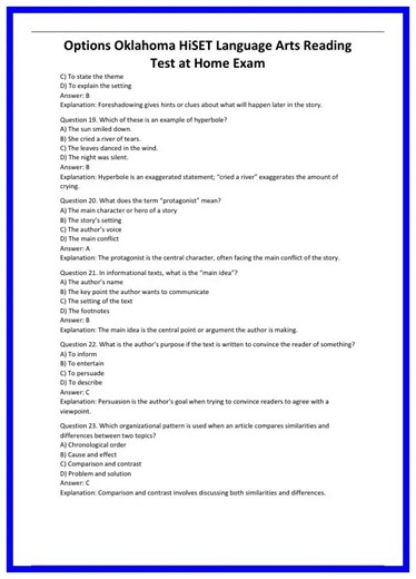 Options Oklahoma HiSET Language Arts Reading Test at Home Exam 636x882