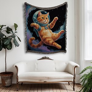 Couverture pour chat astronaute - jeté tissé drôle de chat de l'espace, tapisserie murale de chaton cosmique, couverture de l'espace pour les amoureux des chats, décoration d'intérieur galaxie