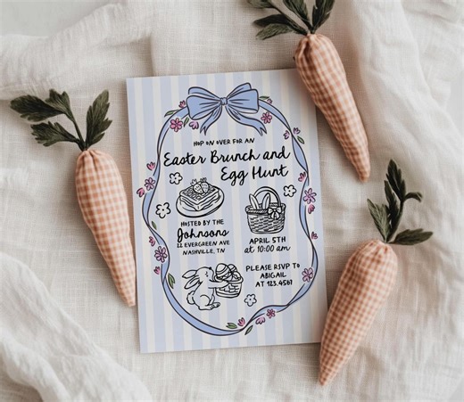 Hand Drawn Easter Brunch and Egg Hunt Invitation, Editable Easter Party Invite Template - Etsy