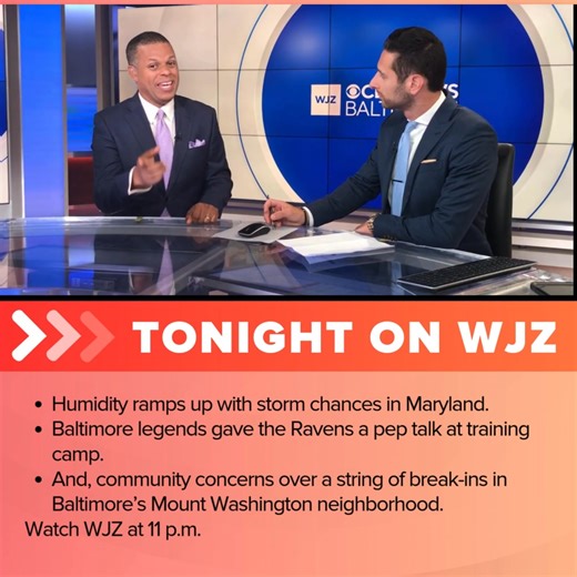 Rick Ritter and Meteorologist Derek Beasley will be on the air on WJZ News at 11 p.m.! Which areas could be hit with storms? Baltimore sports legends fired up the Ravens at training camp. A Baltimore neighborhood has been hit with a string of break-ins. | WJZ-TV | CBS Baltimore