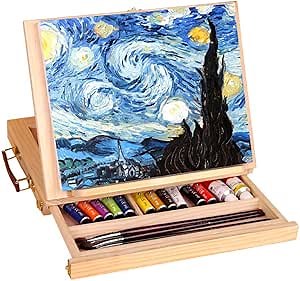 Display Artist Easel Adjustable Wood Desk Table Easel with Storage Drawer, Paint Palette, Premium Pine - Portable Wooden Artist Desktop, Board for Canvas, Painting, Drawing Sketching Book Stand