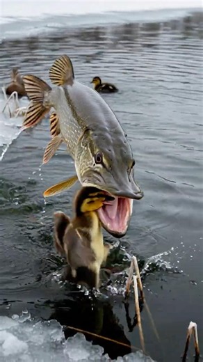 Northern Pike Ambushes a Duckling From Below