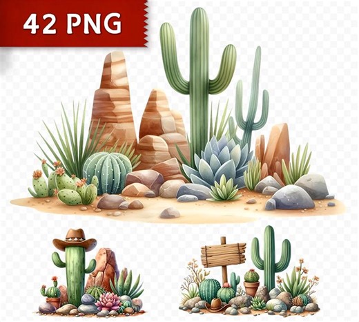 Desert Landscape Clipart Bundle - 42 PNG, Succulent Clip Art, Desert Cactus Graphics - Etsy
