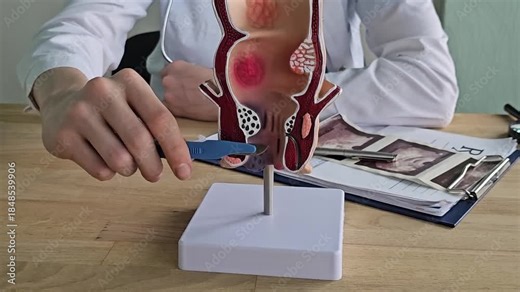 A proctologist performs a scalpel examination of the rectum. A surgical approach to treating chronic constipation