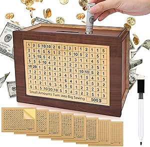 Cash Vault Wooden Savings Box, Reusable Money Saver Box, Cashbox Saving Challenge Box with 8 Saving Goals 10000 5000 3000 2000 1000 500 Dollars for Kids Adults